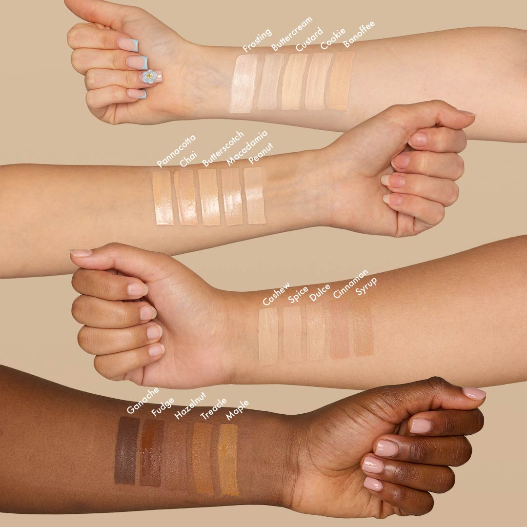 Dewy Bounce concealer shades - Frosting, Buttercream, Custard, Cookie, Banoffee, Pannacotta, Chai, Buttersctoch, Macadamia, Peanut, Cashew, Spice, Dulce, Cinnamon, Syrup, Mapple, Treacle, Hazelnut, Fudge, Ganache