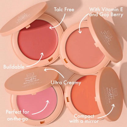 talc free, with vitamin e and goji berry, buildable, ultra creamy, perfect for on-the-go, compact with a mirror