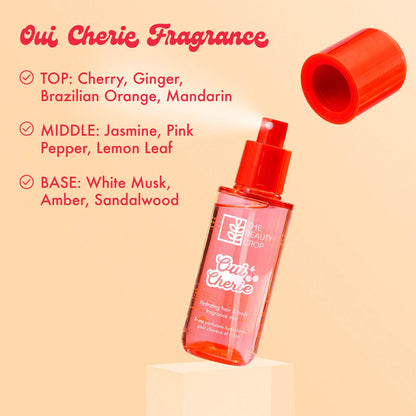 Oui cherie fragrance: top: Cherry, Ginger, Brazilian Orange, Mandarin. Middle: Jasmine, PInk Pepper, Lemon Leaf. Base: White Musk, Amber, Sandalwood