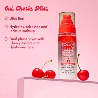 Oui Cherie Mist, Ultra-fine, Hydrates, refreshes and locks in makeup, Dual phase layer with Cherry extract and Hyaluronic acid