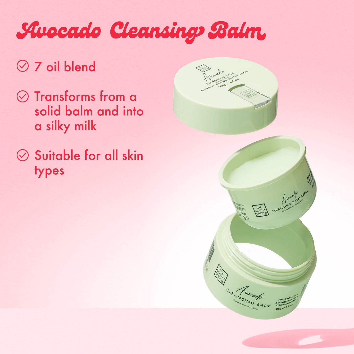 Avocado Cleansing Balm: 7 oil blend, Transforms from a solid balm and into a silky milk, Suitable for all skin types