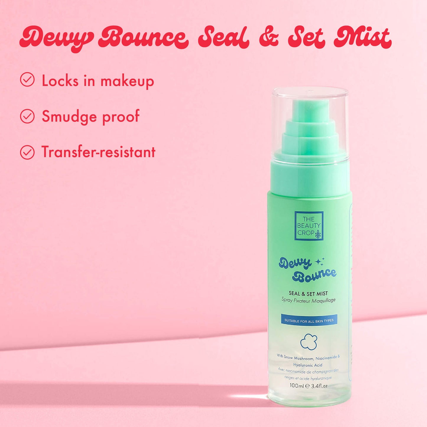 Dewy Bounce Seal & Set Mist, Locks in makeup, Smudge proof, Transfer-resistant