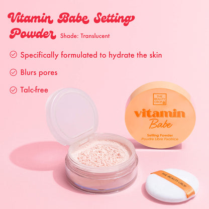 Vitamin Babe Setting
Powder Shade: Translucent, Specifically formulated to hydrate the skin, Blurs pores, Talc-free