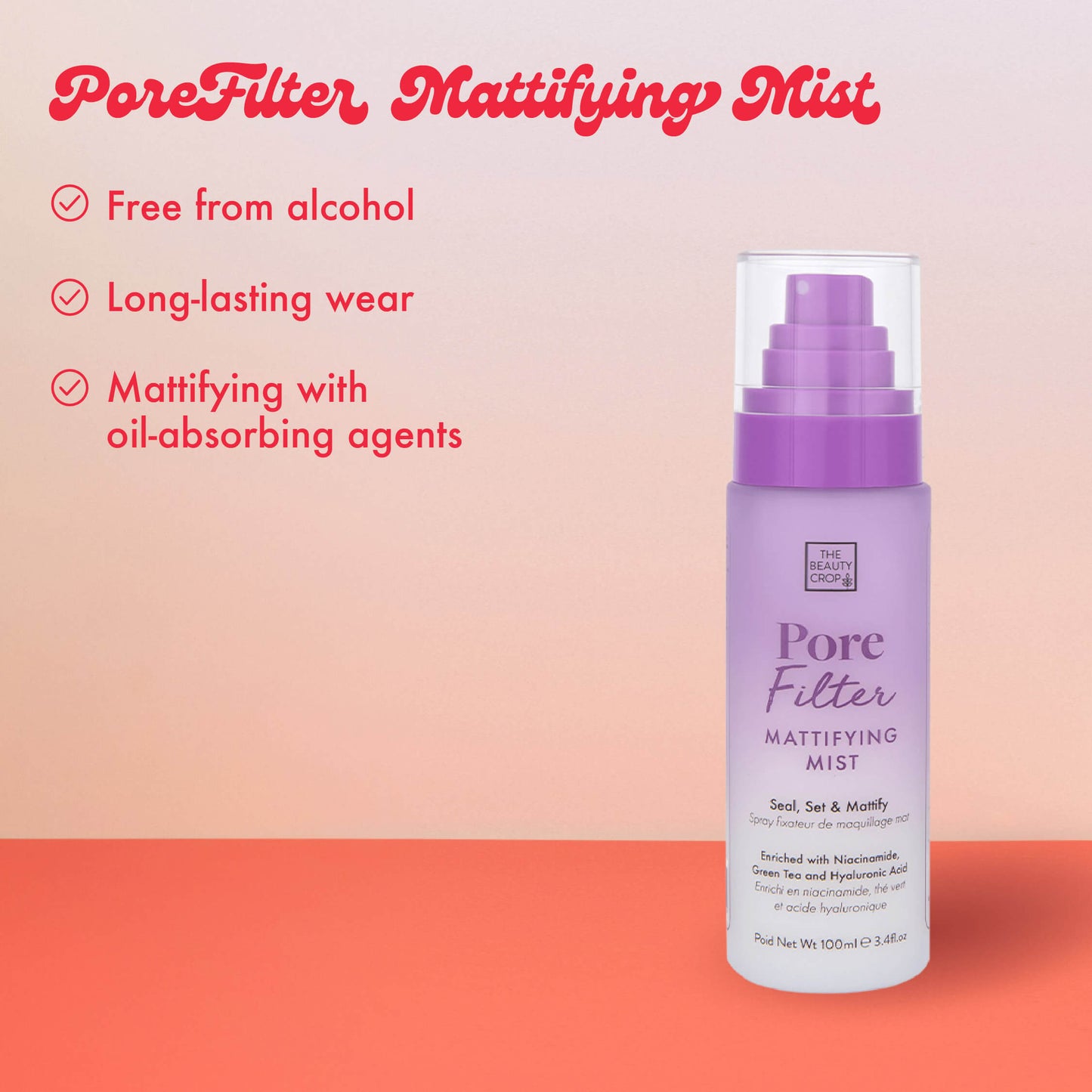 PoreFilter Mattifying Mist
Free from alcohol
Long-lasting wear
Mattifying with oil-absorbing agents