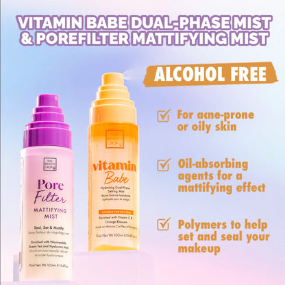 vitamin babe dual-phase & porefilter mattifying mist - alcohol free, for acne-prone or oily skin, oil-absorbing agents for a mattifying effect, polymers to help set and seal your makeup