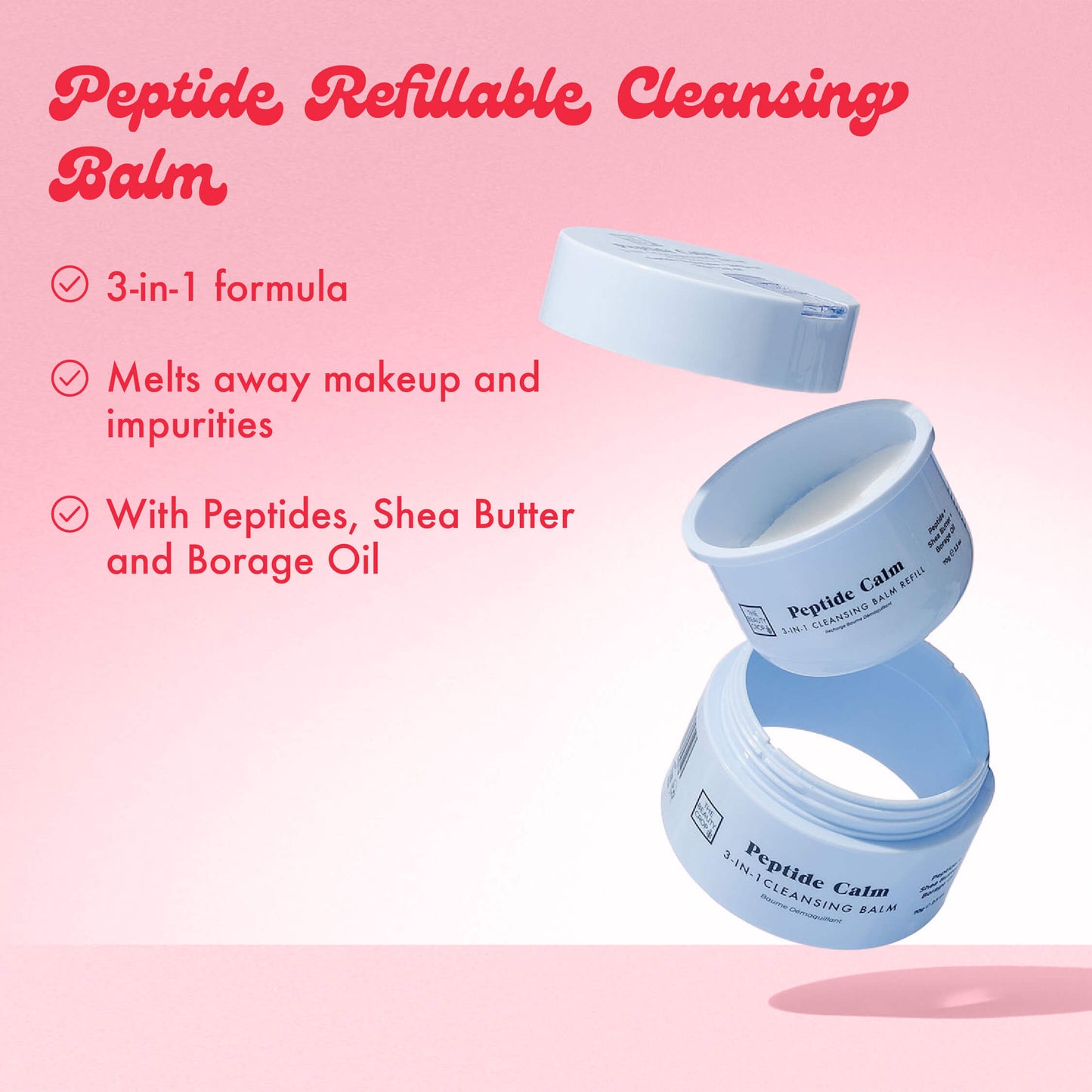 Peptide Refillable Cleansing Balm, 3-in-1 formula, Melts away makeup and impurities, With Peptides, Shea Butter and Borage Oil