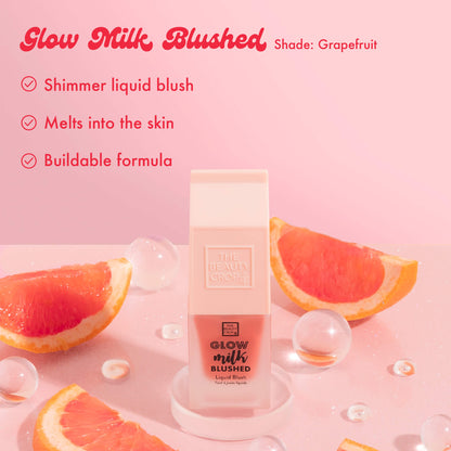 Glow Mill Blushed Shade: Grapefruit, Shimmer liquid blush, Melts into the skin, Buildable formula