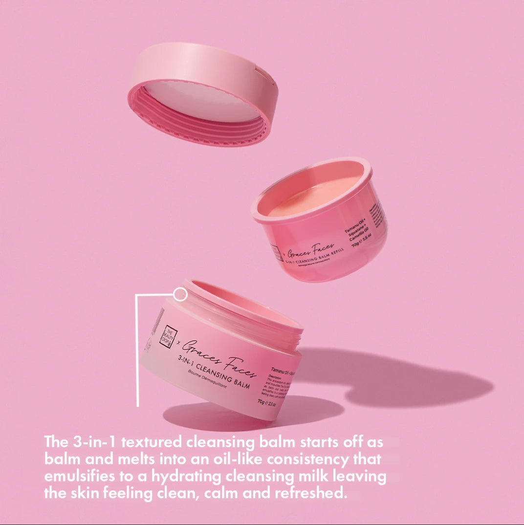 the 3-in-1 textured cleansing balm starts off as balm and melts into an oil-like consistency that emulsifies to a hydrating cleansing milk leaving the skin feeling clean, calm and refreshed