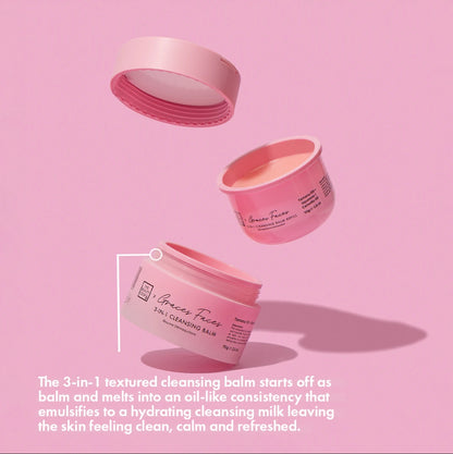 the 3-in-1 textured cleansing balm starts off as balm and melts into an oil-like consistency that emulsifies to a hydrating cleansing milk leaving the skin feeling clean, calm and refreshed