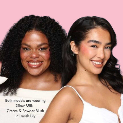 Both models are wearing Glow Milk Cream & Powder Blush in Lavish Lily
