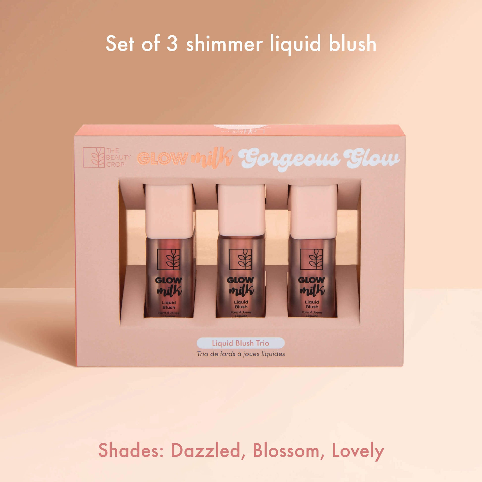 Set of 3 shimmer liquid blush. Shades: Dazzled, Blossom, Lovely