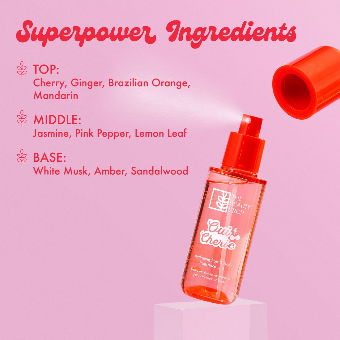 superpower ingredients, top: cherry, ginger, Brazilian orange, mandarin, middle:jasmine, pink pepper, lemon leaf, base: white must, amber, sandalwood