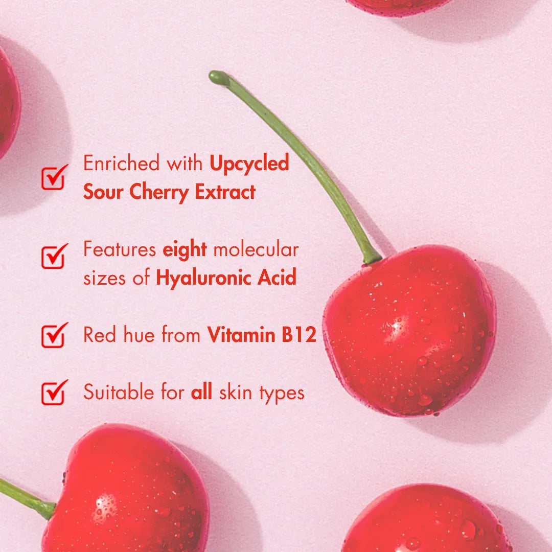 enriched with upcycled sour cherry extract, features eight molecular sizes of hyaluronic acid, red hue from vitamin b12, suitable for all skin types