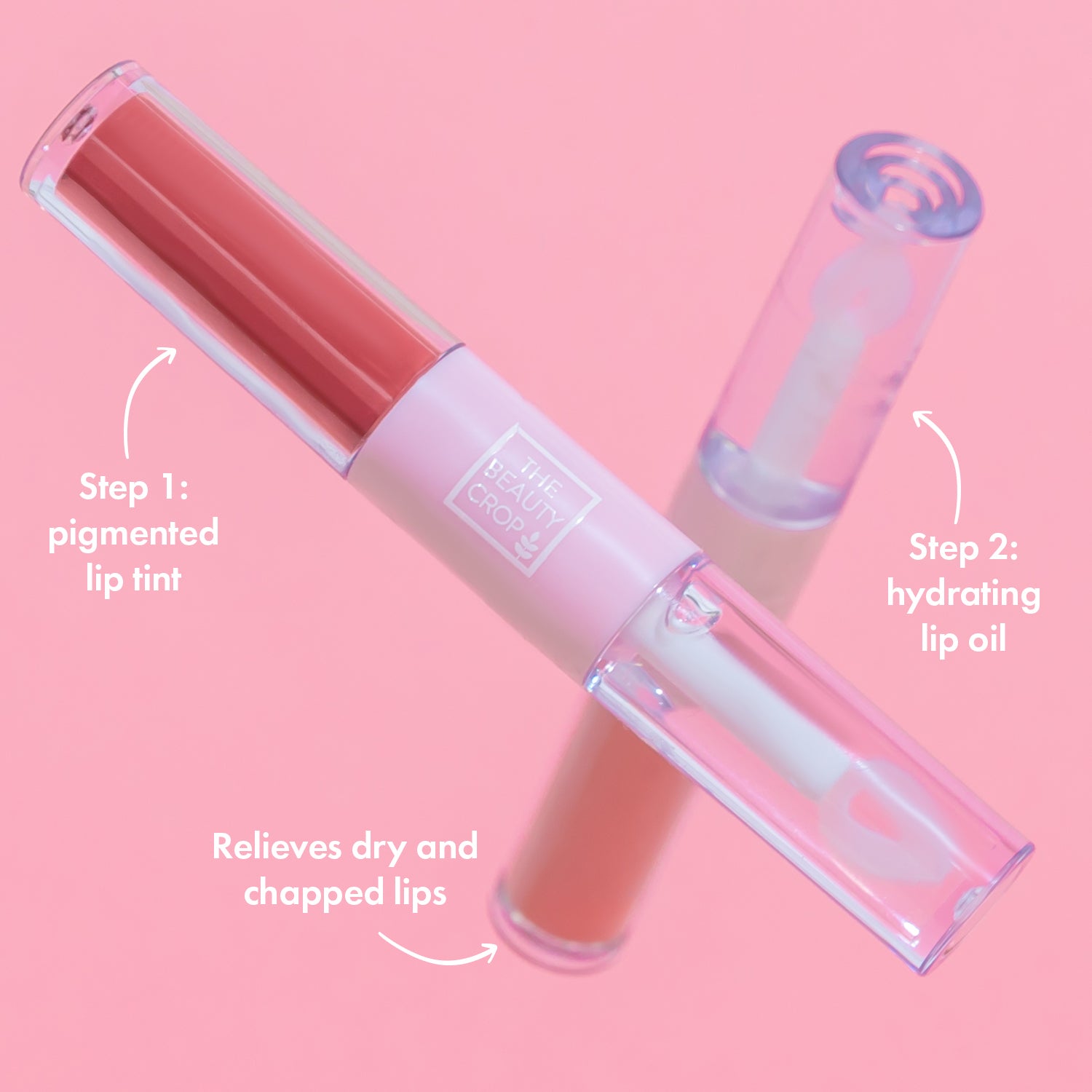 step 1: pigmented lip tint, step 2: hydrating lip oil. Relieves dry and chopped lips
